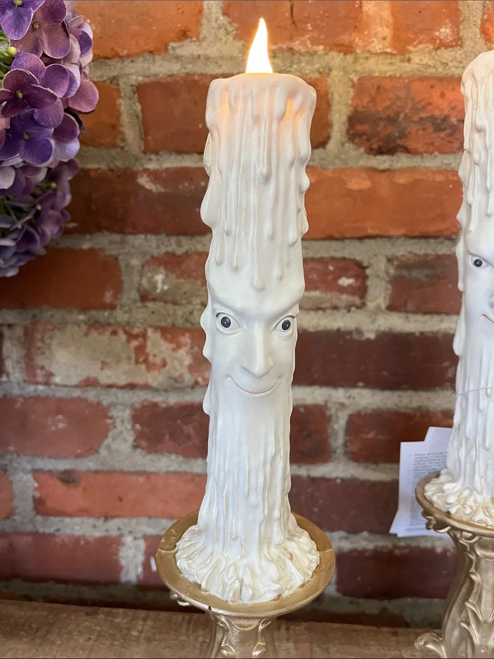 Decorative White Face Drip Candle on Gold Pedestal — Whimsical Home Accent - Picture 2 of 8